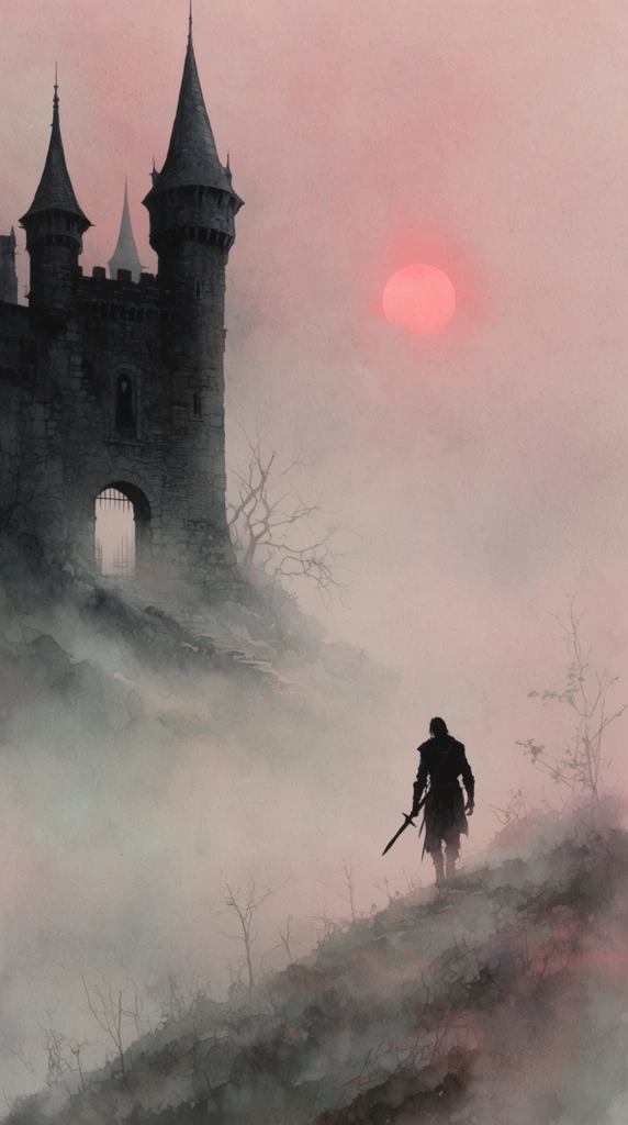 solitary warrior ascending a misty hill toward a towering dark castle, traditional fantasy illustration, silhouette of a figure carrying a weapon, stone fortress on the left with arched gateway and pointed spires, thick rolling fog, muted dusty pink and grey sky, glowing pale red sun in an atmospheric haze, sparse bare branches, faded pastel and watercolor texture, eerie gothic mood