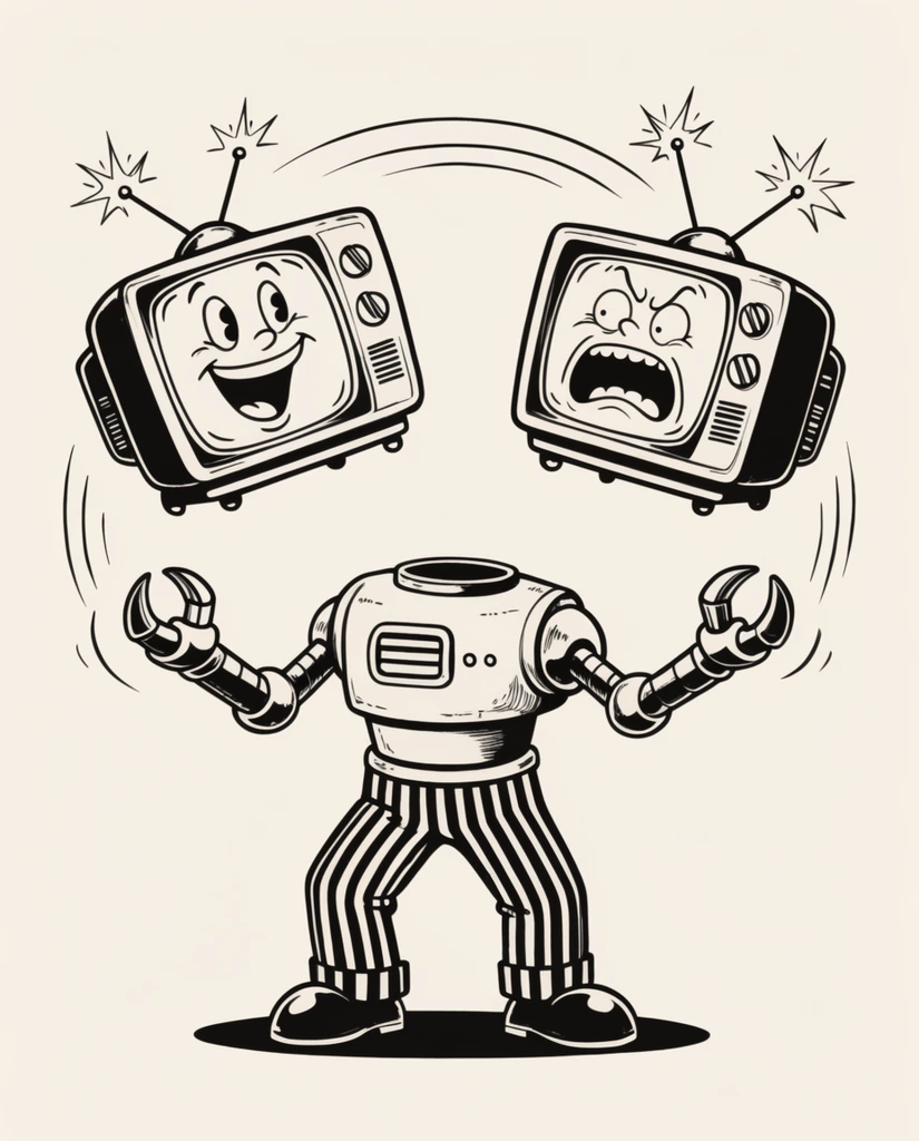 A vintage monochrome rubber-hose illustration of a headless robot juggling two detached television sets. The claw-handed body wears striped trousers. The floating CRT screens show one laughing and one screaming cartoon face, emitting sparks from their antennas along circular motion lines against a cream background.
