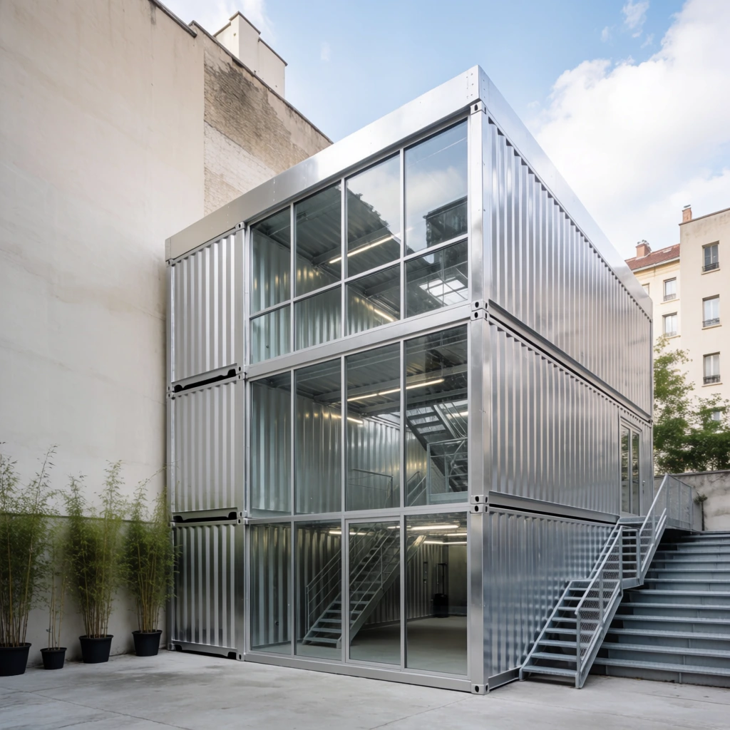 A modern two-story building constructed from stacked silver shipping containers sits in an urban courtyard. The structure features corrugated metallic walls and a prominent multi-paned glass facade revealing an industrial interior with metal staircases. Potted bamboo plants line a blank beige wall to the left, while tiered stairs with metal railings flank the right. Natural daylight reflects off the pristine metallic exterior under a partly cloudy sky, captured in crisp architectural photography.