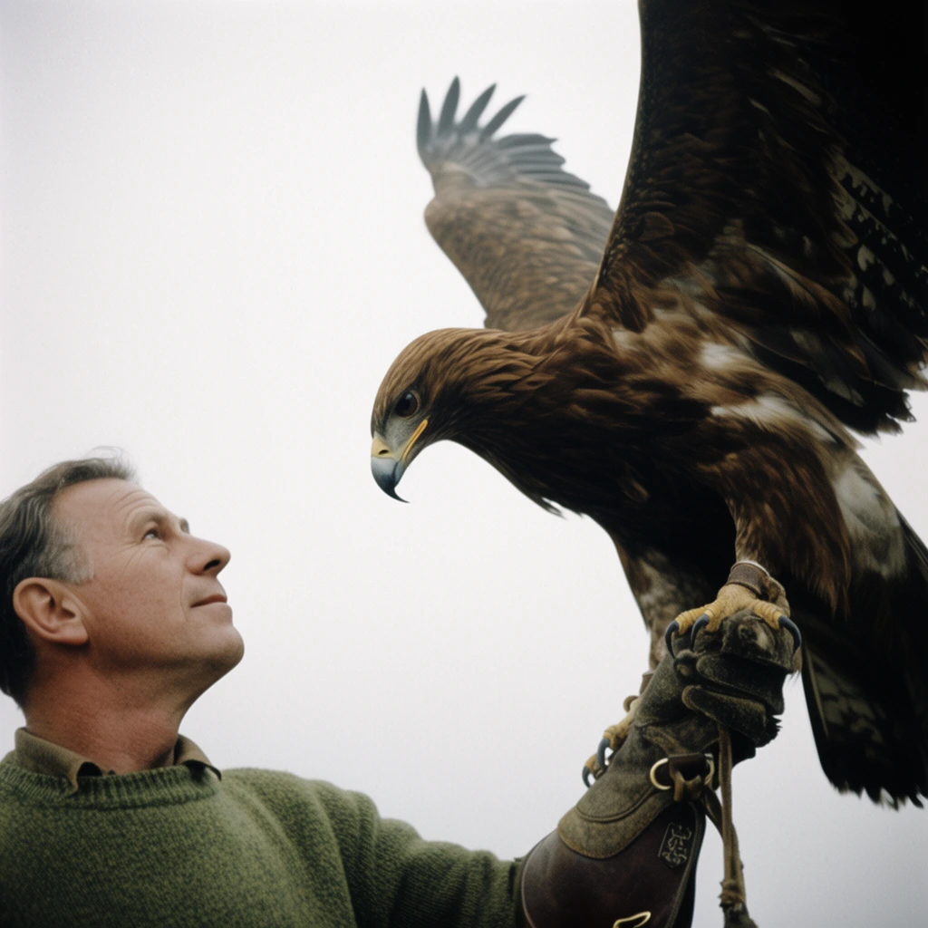 A middle-aged man in a green sweater holds a massive brown eagle on a thick leather falconry glove against a stark overcast sky. The man gazes upward at the bird as the eagle, with wings partially spread, looks down. The scene features a vintage film aesthetic, muted tones, and close-up framing.