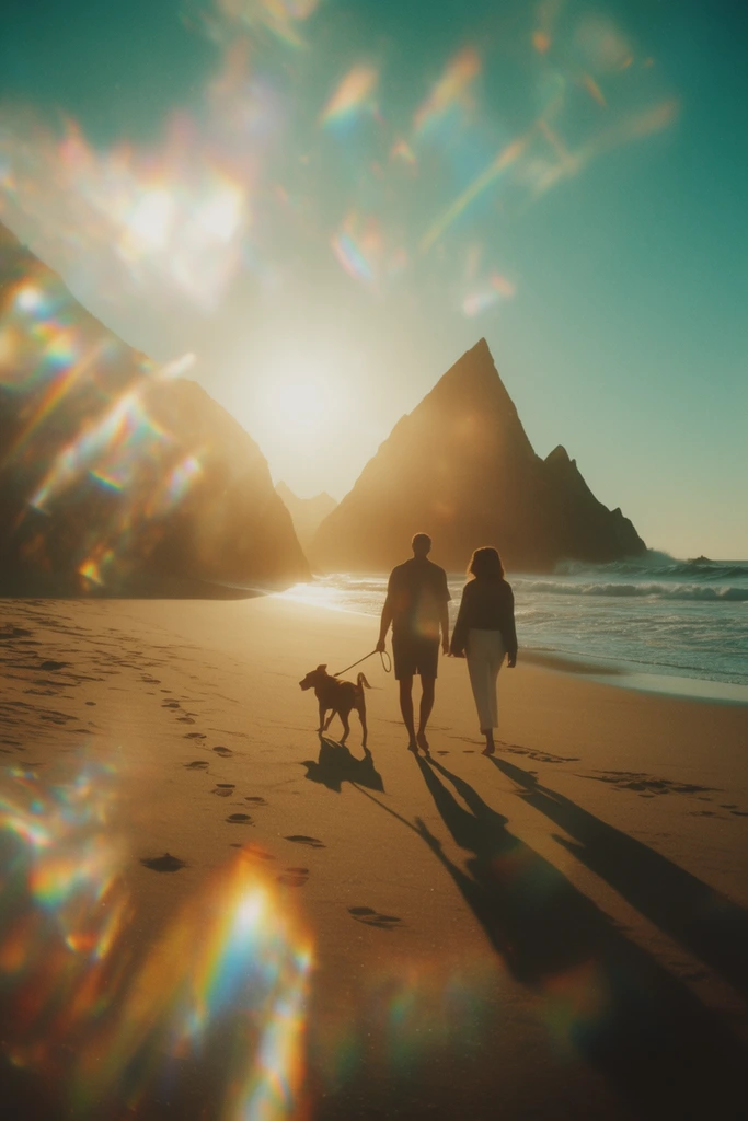 couple walking a dog on sandy beach at sunset, silhouetted man and woman, dog on leash, jagged triangular cliffs in background, ocean waves on right, footprints in sand, long forward-casting shadows, bright low sun, heavy rainbow lens flares, large prismatic light leaks, teal sky, warm golden light, vintage film aesthetic, soft focus, ethereal atmosphere