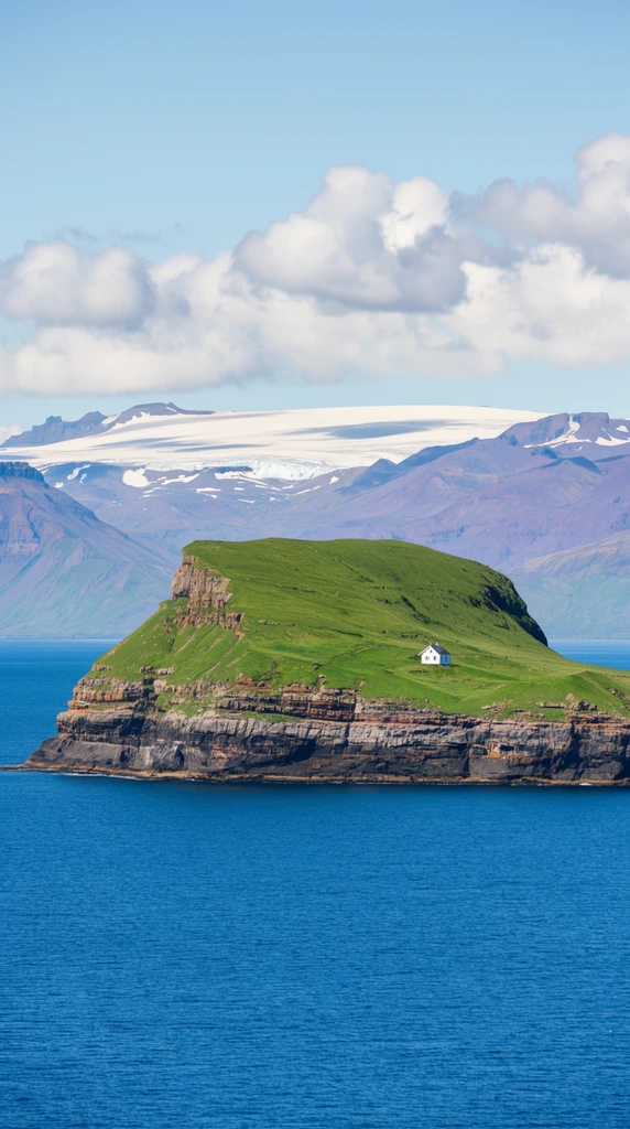 remote rocky island covered in vibrant green grass, single small white house on a sloping plateau, steep stratified cliff faces, surrounded by vast deep blue ocean, distant rugged purplish mountains capped with a massive white glacier, light blue sky with fluffy cumulus clouds, landscape photography, telephoto compression, bright natural daylight, wide panoramic shot