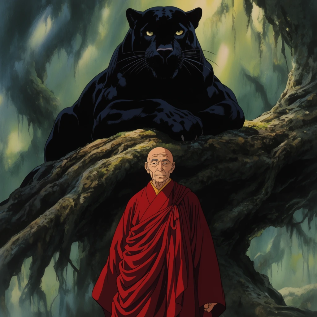 elderly monk in flowing crimson robes standing in the foreground, massive muscular black panther resting majestically on a colossal twisted tree root behind him, misty sun-dappled swamp environment, classic 2D anime style, atmospheric lighting, low angle
