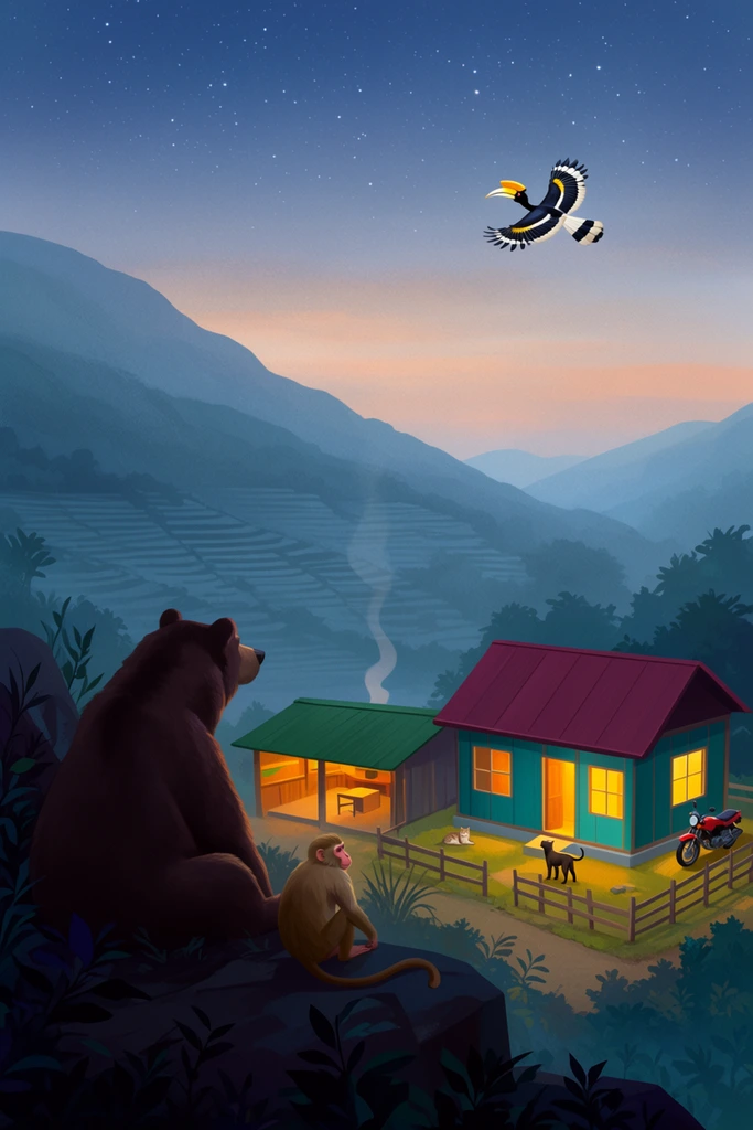 A digital illustration captures a dark brown bear and a tan monkey sitting on a shadowy rocky cliff, observing a glowing mountain settlement at twilight. In the left foreground, the animals rest among silhouetted foliage, facing away from the viewer. Overhead, a hornbill with a yellow casque flies across a starry sky transitioning from deep blue to soft peach. Below, two rural buildings emanate warm yellow and orange light. The primary teal-sided house features a maroon pitched roof, a fenced yard, a resting cat, a standing dog, and a red motorcycle. A nearby open-sided structure with a green roof releases a thin plume of smoke. Muted blue, terraced mountains fill the background, emphasizing a stark color contrast between the cool, atmospheric wilderness and the vibrant, bright illumination of the rural dwellings.