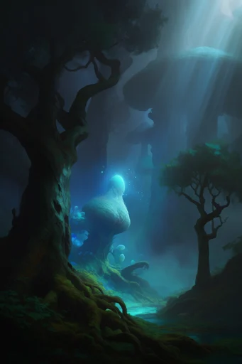 Bioluminescent Abyssal Mysticism style reference image — moss-covered monoliths