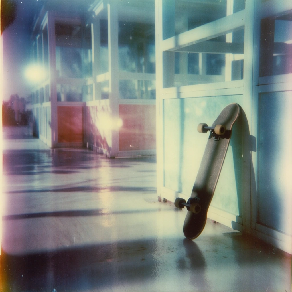 dreamy polaroid aesthetic, soft focus, hazy light leaks, single skateboard leaning against a wall corner in the right foreground, solid lower panels with an upper structural framework, long cinematic shadows stretching across a flat glossy ground to the left, ethereal teal and cyan palette, warm amber glows, deep violet shadows, heavy grain, diffused lens flares, nostalgic atmosphere, low-fi lomography style, blurred edges, moody lighting, atmospheric glow.