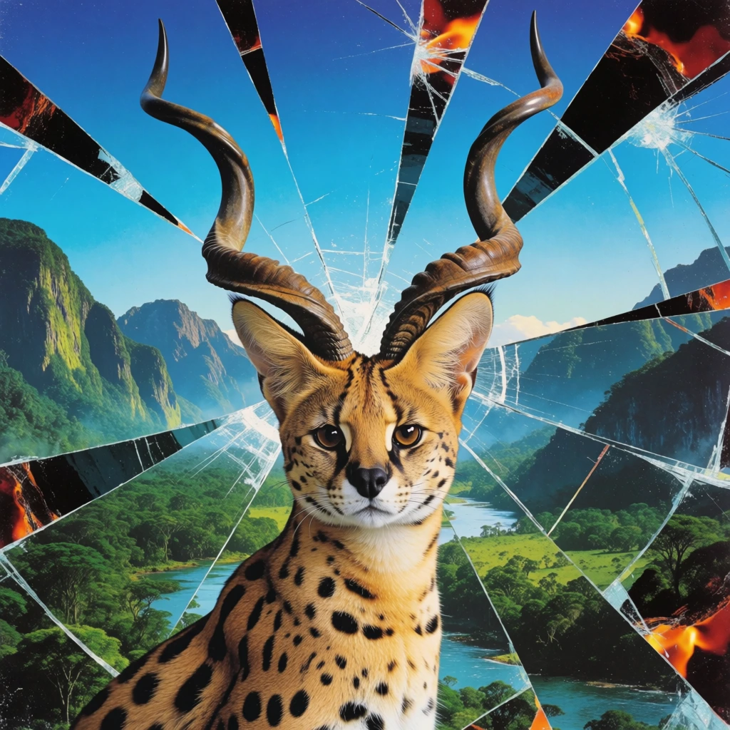 surrealist digital collage in a 70s sci-fi book cover style, hybrid creature with serval head and spiraling kudu horns in a verdant river valley, composition shattered into sharp triangular shards, radial fracture lines from a central impact point, fiery molten textures visible through cracks, vibrant gradient blue sky, lush emerald forest, crisp analog grain, high contrast, majestic mountain backdrop, fragmented reality, hyper-detailed textures, graphic silhouettes, luminous lighting.