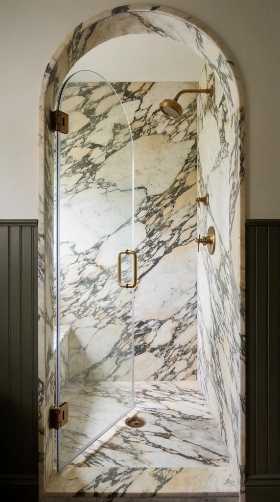 Arched walk-in shower, dramatic white marble with heavy dark veining covering walls and floor, frameless glass door slightly ajar, brass hinges and pull handle, brass shower fixtures, dark olive green beadboard paneling, straight-on perspective, interior architectural photography, natural light