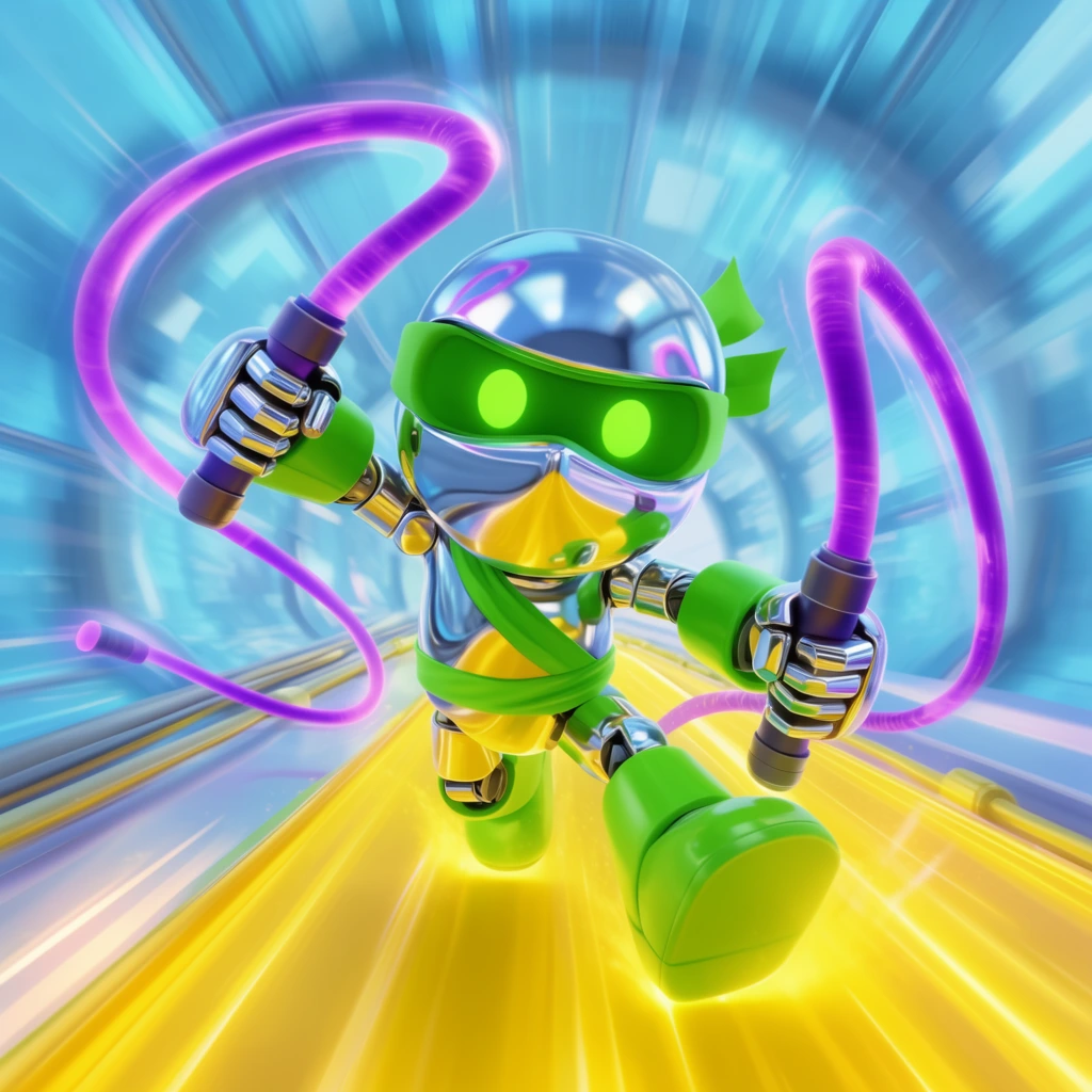 chrome and neon green robotic ninja sliding on a glowing yellow track, holding purple energy whips, light blue futuristic tunnel, stylized 3D animation, extreme speed lines, motion blur