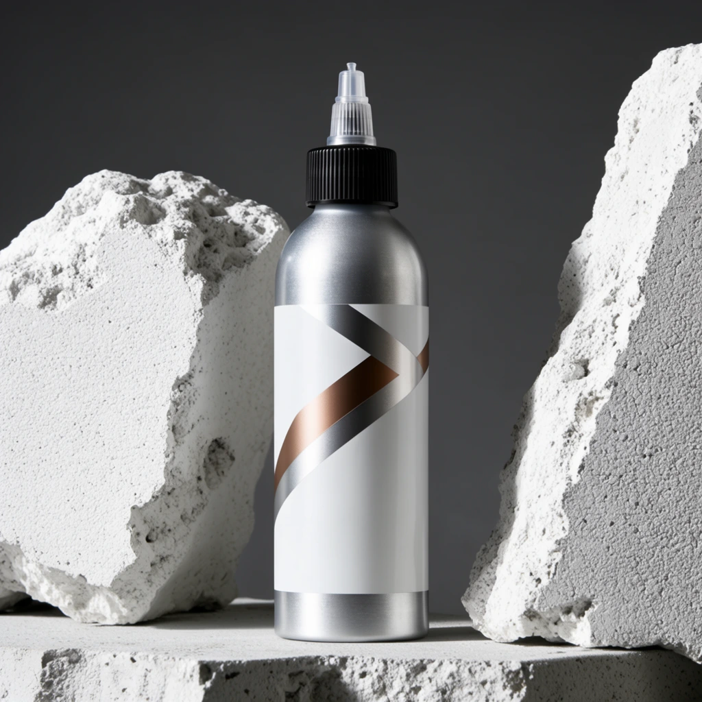 A metallic silver cylindrical squeeze bottle with a ridged black cap and clear dispensing nozzle stands upright within a stark minimalist setting. The smooth container features a solid white midsection accented by diagonal geometric bands of bronze and silver. It is centered between two large jagged blocks of highly textured porous white concrete that closely frame the object. The arrangement rests on a matching flat concrete slab against a seamless dark grey studio backdrop. Crisp directional lighting from the left highlights the bottle's metallic sheen while casting deep hard-edged shadows across the rough stone, creating a high-contrast industrial aesthetic characteristic of premium product photography.