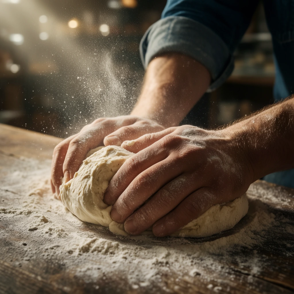 A close-up view captures strong hands kneading a mound of fresh dough on a flour-dusted rustic wooden table. The forearms, clad in a rolled-up blue denim sleeve, press firmly into the thick, pale dough. A fine mist of flour particles floats dynamically in the air above the hands, suspended in a shaft of warm, directional light streaming from the upper left. Heavy dustings of white flour coat the dark wooden surface. Shot with a macro lens, the shallow depth of field blurs the dimly lit bakery background into soft bokeh highlights. Cinematic lighting backlights the floating dust, creating striking contrast. The rich, earthy color palette emphasizes the intricate tactile textures of the dusted skin, the uneven dough surface, and the raw wood.