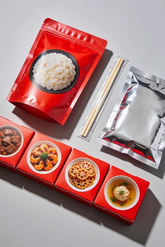 An organized flat lay of bright red and metallic silver packaged meal components rests on a smooth light grey surface. A large glossy red pouch sits at the top left, featuring a central circular image of cooked white rice. To the right lies a reflective silver foil packet alongside wooden chopsticks sealed in clear plastic. Below, a neat horizontal row of small red square boxes is displayed. Each box shows a circular top-down photo of a distinct meal: dark brown meat stew, orange glazed shrimp with a green garnish, golden sliced lotus roots, and a clear broth with a white dumpling. Captured from a high-angle studio perspective, crisp directional lighting casts sharp diagonal drop shadows to the bottom right of every item. The vivid reds and glossy packaging textures pop against the minimalist neutral background.