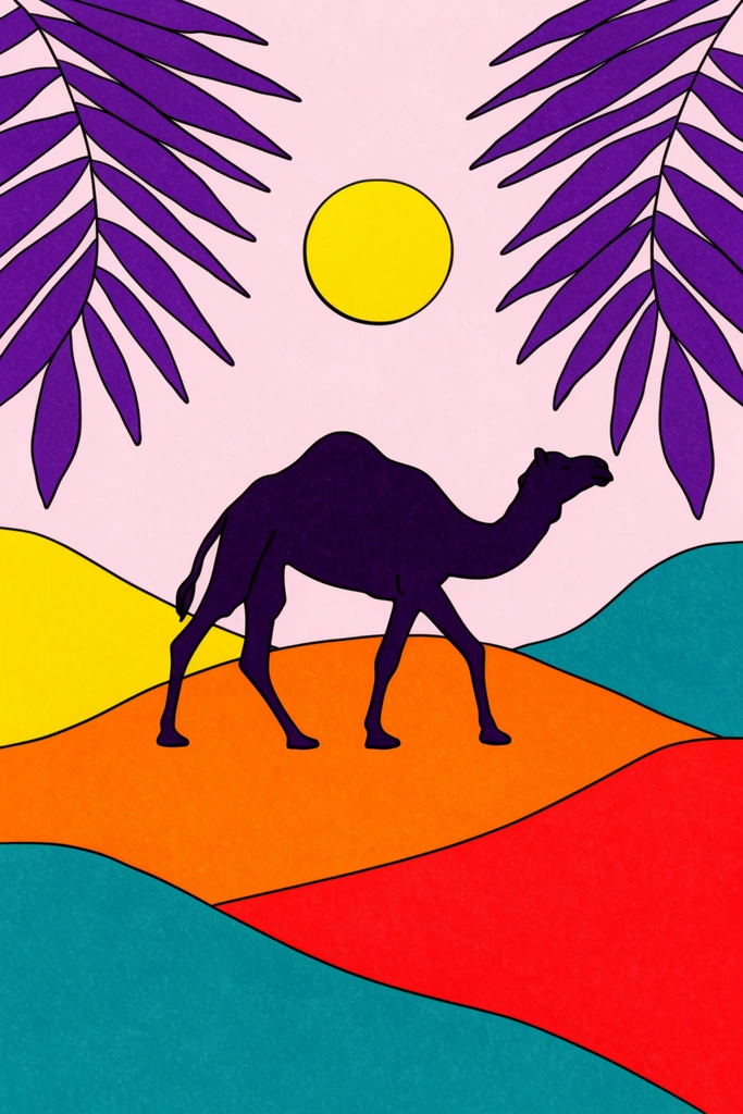 Dark purple camel silhouette walking across vibrant desert dunes, rolling hills in solid blocks of yellow orange red and teal, bright yellow circular sun in a pale pink sky, framed by large purple palm leaves, flat graphic illustration, bold black outlines, subtle risograph print texture