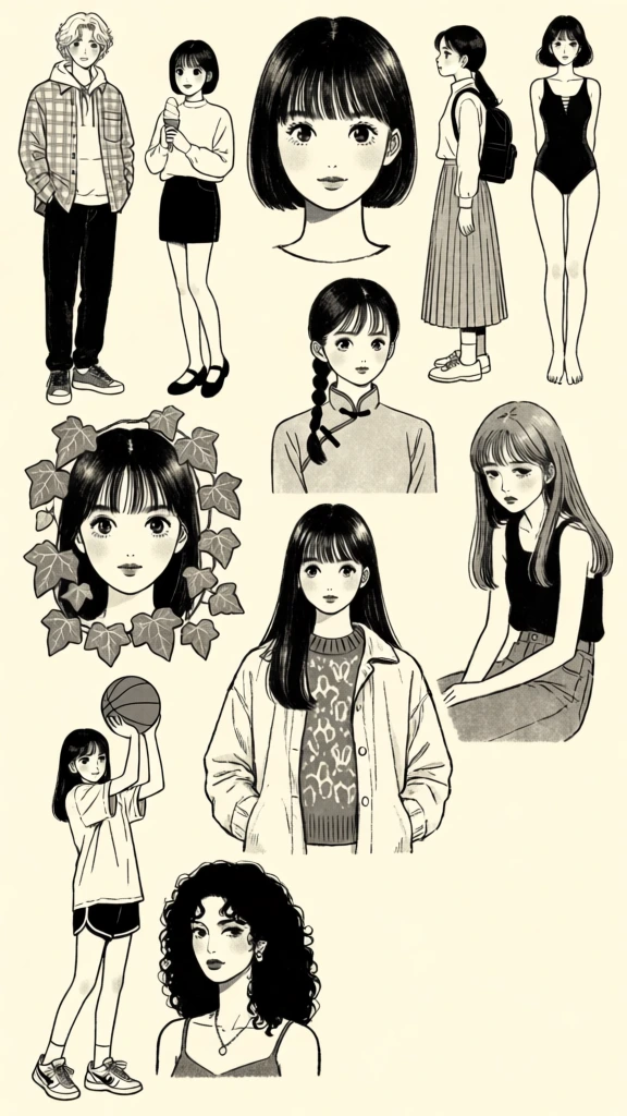 A character design sheet features thirteen individual black and white illustrations of various young men and women in a retro manga style, arranged across a plain light-cream background. At the top left, a young man with wavy light hair stands with his hands in his pockets, wearing a plaid shirt over a hoodie and dark trousers. To his right, a girl with short dark hair and bangs wears a light long-sleeved top and dark mini-skirt, holding a small ice cream cone. A large, detailed headshot of a girl with a straight bob and bangs dominates the upper center. Further right, a girl in a long pleated skirt and backpack is seen in profile, while the far right features a woman in a black one-piece swimsuit. Below the large headshot is a smaller sketch of a girl with a braided pigtail in a high-collared Chinese-style top. To the left, another girl's face is framed by ivy leaves. In the center, a girl with long straight hair and bangs wears a patterned sweater and an open light-colored jacket. To her right, a girl with long hair and a sleeveless top sits with a melancholic expression. In the bottom left area, a girl in a t-shirt and athletic shorts holds a basketball aloft, and below her is a woman with voluminous curly dark hair and a necklace. Centrally at the bottom, a girl in a traditional martial arts uniform including a dark hakama sits on her knees holding a wooden staff. On the far right, a tall girl stands in a stylish layered outfit consisting of a blazer, shirt, tie, skirt, and chunky boots, carrying a textured bag. A final close-up of a girl with short dark hair and hoop earrings is at the bottom center. The text "AFTER RUMIKO TAKAHASHI" is placed near four different figures in a simple, handwritten sans-serif font. At the bottom center, the signature "LEONARDO ROMERO 20 22" is written in a stylized, blocky font. The artwork uses clean black ink lines and dot-patterned screentone for shading, reminiscent of classic Japanese animation.
