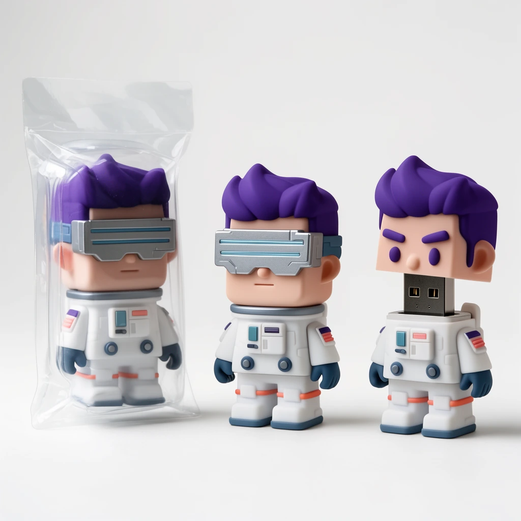 Novelty USB flash drives shaped like a blocky sci-fi character rest against a seamless white studio backdrop. On the left, one drive sits inside clear plastic packaging. In the center stands an assembled figure with a silver cyberpunk visor, purple hair, and a white spacesuit. On the right, an identical drive is disassembled, revealing a black USB connector protruding from the detached oversized head. Soft lighting highlights the matte plastic product photography.