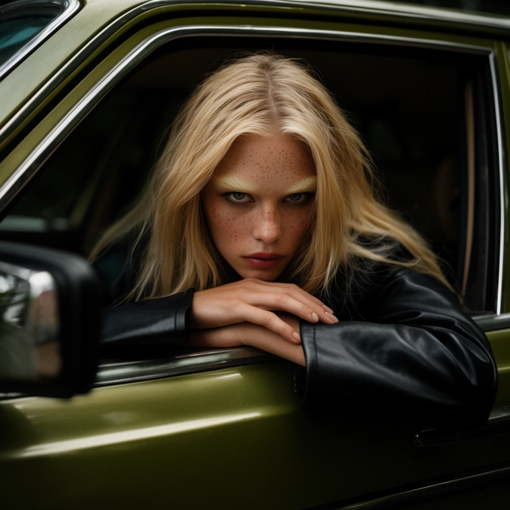 blonde woman with bleached eyebrows and freckles, intense gaze, resting chin on crossed hands at open vintage olive green car window, black leather jacket, moody dramatic lighting, cinematic fashion photography, shallow depth of field, dark blurred background