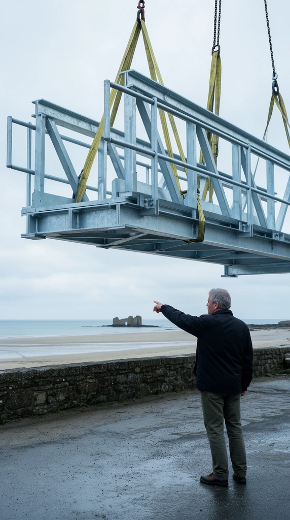 A grey-haired man in a dark jacket and olive trousers stands on a wet paved surface, pointing leftward at a massive, suspended galvanized steel bridge framework. The metal structure features side railings and thick I-beams, hovering in mid-air supported by thick yellow nylon straps and overhead chains. The man faces a wide coastal landscape framed beneath the industrial steel. Beyond a low stone retaining wall, a flat sandy beach stretches toward a calm ocean under an overcast sky, with a distant stone ruin resting in the shallow water. The photograph utilizes a muted, cool-toned palette and diffused natural lighting to contrast the heavy infrastructure with the serene maritime environment.