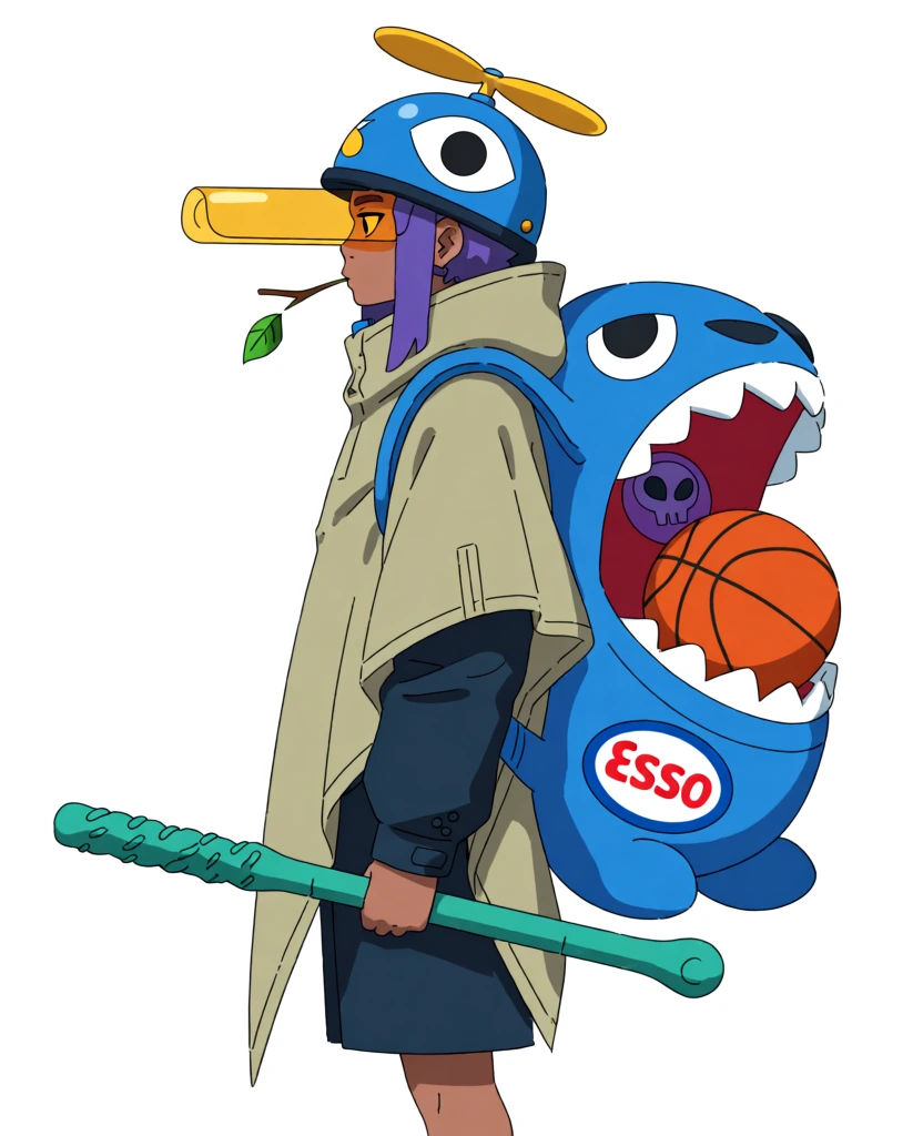 A heavily-equipped character with dark skin and purple hair stands in profile against a plain white background, laden with an assortment of gear and a massive creature-shaped backpack. The character wears a blue helmet featuring a large white eye and a yellow propeller on top, paired with a long yellow visor and a spiral-shaped earring. A thin wooden twig with a single green leaf is held in their mouth. Their clothing consists of a layered beige and pink poncho worn over a dark blue jacket and matching shorts. On their feet are oversized, chunky green and teal sandals featuring a white "N" logo on the side, worn with mismatched purple, pink, and white socks. Tucked into their waist are two swords with intricately wrapped hilts, a yellow mechanical mask, and a green frog-shaped alarm clock. A long, textured teal pole is held horizontally across their side. A white scroll hangs from their hip with the text "001" written in black. The enormous blue backpack is shaped like a wide-mouthed animal, containing an orange basketball in its jaws and featuring a red and blue logo that says "ESSO". A small yellow sticker with a red swoosh is visible on the bottom of the pack, while a small white rabbit-like figure perches on the very top. The character's right leg has a small black tattoo that reads "No.". This character design is rendered in a clean-line anime style with flat cel-shading and vibrant colors, presented from a full-body side perspective.