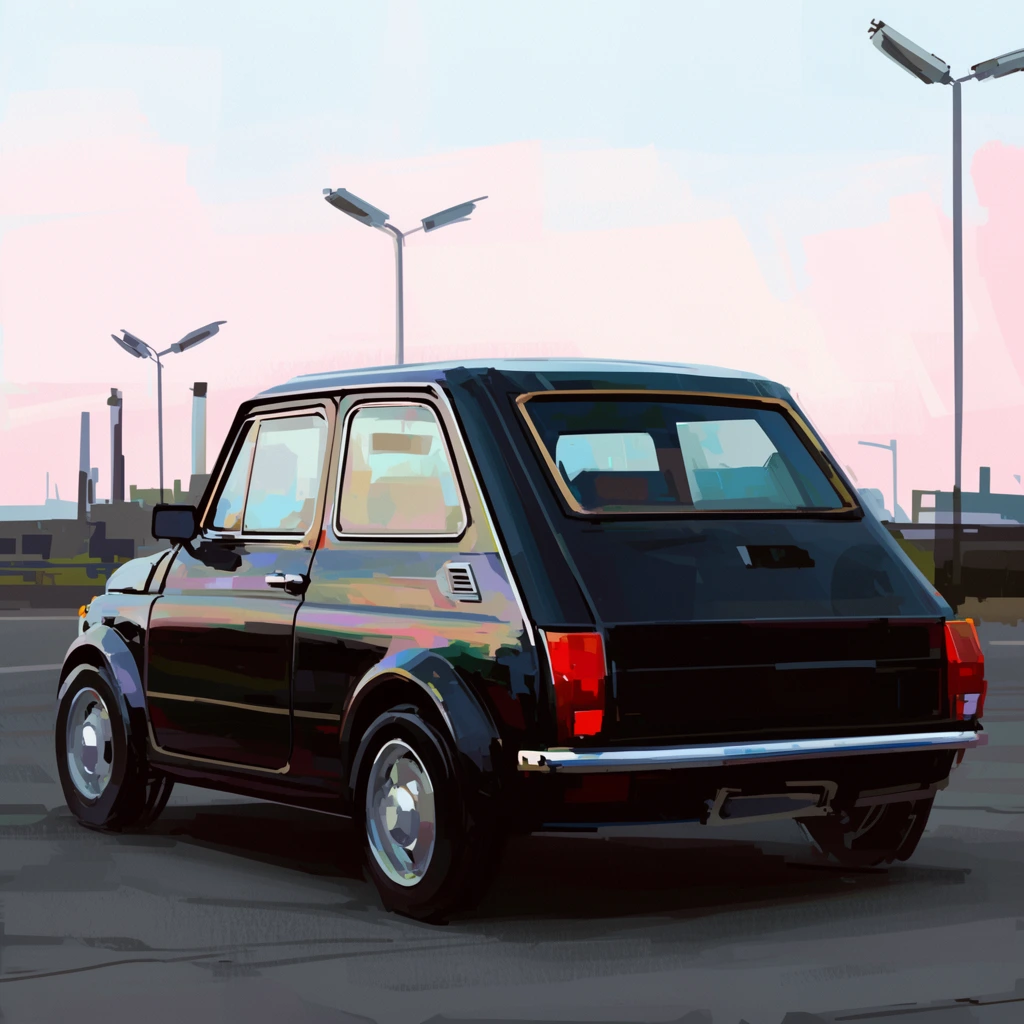vintage dark compact hatchback car, rear three-quarter angle, boxy retro design, flared wheel arches, prominent red taillights, reflective body catching pastel tints, parked on gray asphalt, distant industrial silhouettes, leaning pole-mounted lights, pale pink and light blue sky, digital painting, expressive blocky brushstrokes, flat color shading, impressionistic automotive illustration