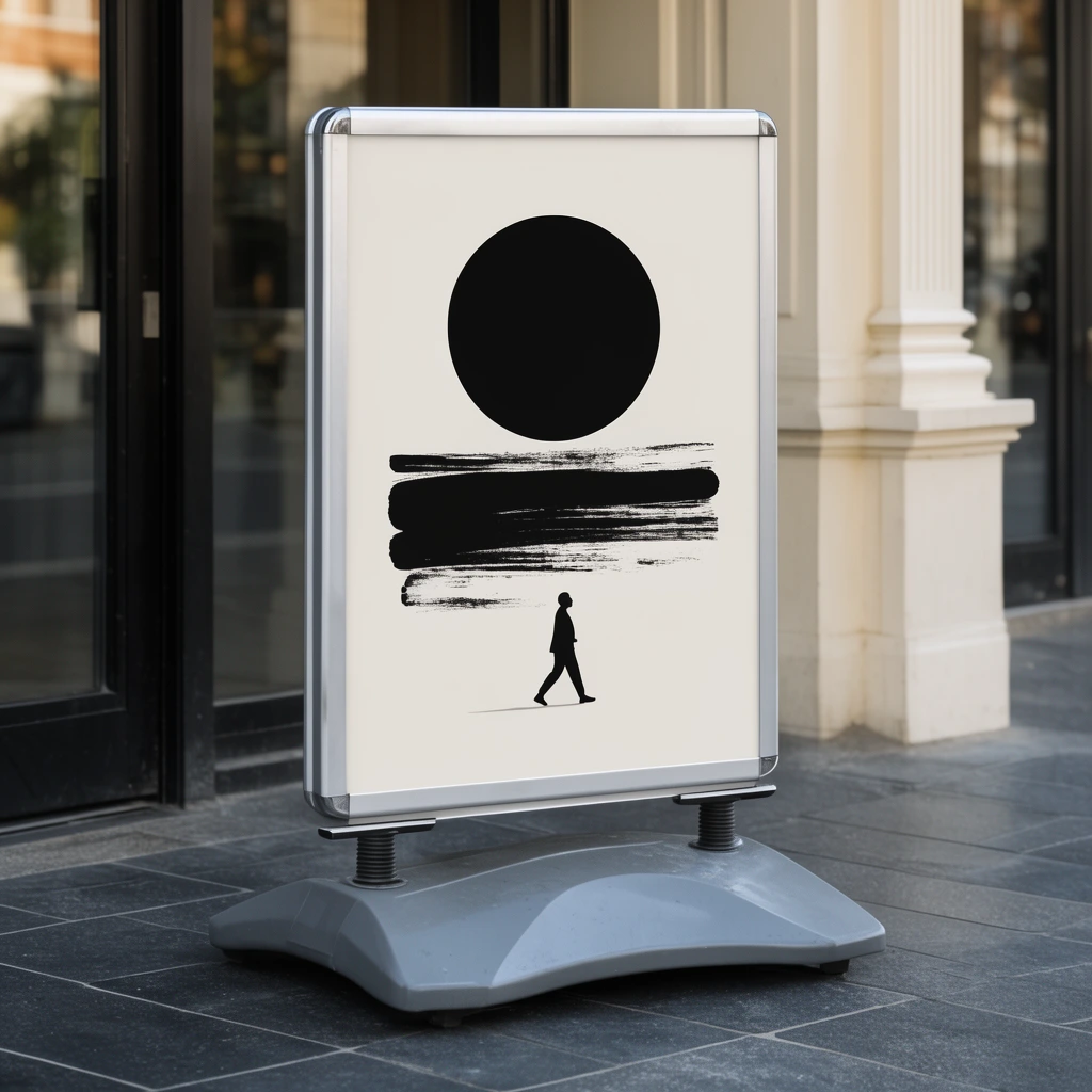 silver A-frame sidewalk sign on grey base, minimalist poster, off-white background, solid black circle, rough horizontal brushstrokes, small silhouette of walking figure, dark grey tiled pavement, glass door, cream architectural pillars, soft natural daylight