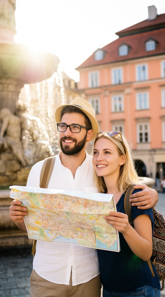 young smiling couple holding an unfolded map, bearded man with black-framed glasses, straw fedora, white shirt, arm around blonde woman with sunglasses on head, dark blue top, patterned backpack, both looking off-camera left, blurred city square background, stone fountain splashing left, peach-colored building with red tile roof right, bright daytime sunlight, strong lens flare from upper left, shallow depth of field, warm vibrant colors, lifestyle photography