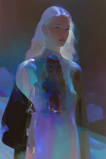 Iridescent Spectral Surrealism style reference image — holographic light trails