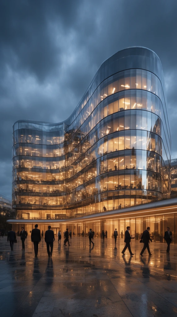 A sweeping, curvilinear modern glass office building glows warmly against a moody twilight sky as people traverse a wet plaza. The multi-story structure features continuous horizontal bands of reflective glazing, revealing bright golden interior lighting and silhouettes of workers. Figures in dark business attire walk across the rain-slicked stone courtyard, casting reflections on the glossy ground. An elevated, illuminated walkway runs along the lower facade. The wide-angle photorealistic architectural rendering contrasts the cool, deep blue and gray tones of the overcast clouds with the intense, radiating amber warmth of the building. Dramatic specular highlights on the undulating curved glass and wet pavement create a sleek, cinematic atmosphere.