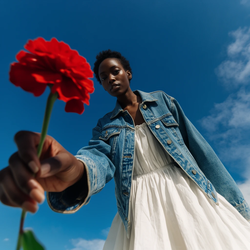 Low-angle fashion portrait, Black woman reaching a red flower toward camera, extreme foreshortening, denim jacket, white dress, vivid blue sky, wide lens