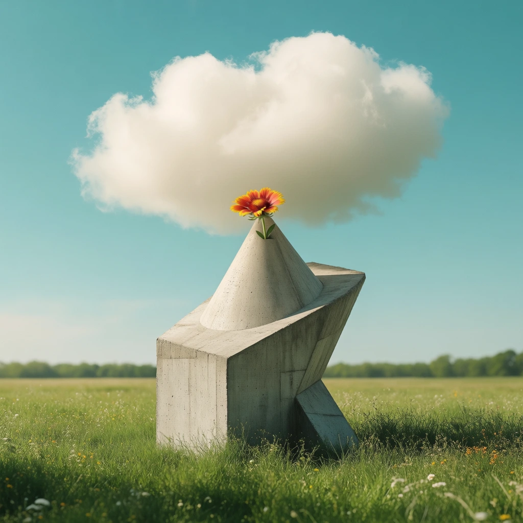 minimalist surrealist composition, a raw brutalist concrete sculpture centered in a lush green meadow, a single vibrant flower growing from the top surface, a large soft white cloud floating directly above and touching the sculpture, bright teal blue sky, flat horizon line, hyper-realistic textures, soft natural daylight, dreamcore aesthetic, polished high-end cgi, clean lines, minimalist color palette, pentagram art direction style.