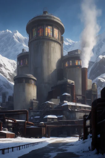 Monolithic Industrial Futurism style reference image — atmospheric hazy environment