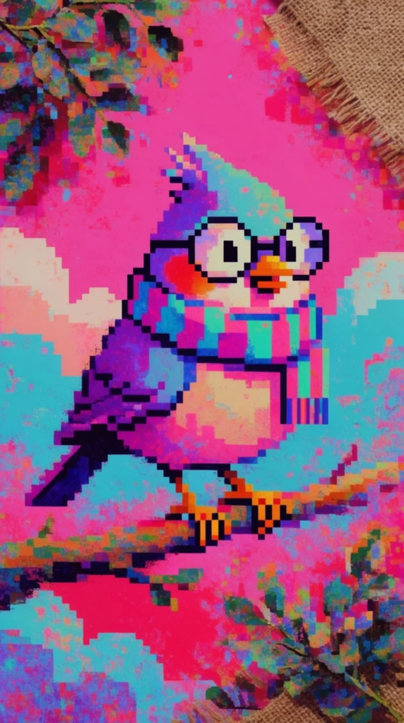 A crested bird wearing round glasses and a striped scarf perches on a twig, rendered entirely in a low-resolution, heavily artifacted 8-bit pixel art style. The bird and its perch are constructed from chunky, blocky pixels saturated in a hyper-vivid palette of neon magenta, hot pink, electric cyan, and deep purple. Pixelated cloud shapes sit in the background directly behind the bird. The corners of the composition contain pieces of burlap and leafy sprigs, all translated into jagged, speckled pixel clusters. The entire scene features a retro digital glitch aesthetic with severe color banding, high-contrast flat color blocking, and noisy digital artifacts where contrasting cyan and pink pixels densely intermingle to create harsh, textured digital noise across the entire image.