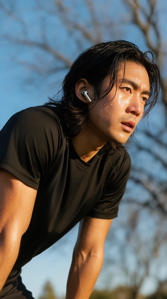 A sweating East Asian male athlete leans forward to catch his breath under a clear blue sky. Clad in a black short-sleeved t-shirt with a silver wireless earbud, his wet, shoulder-length dark hair frames a highly focused face glistening with perspiration. Captured in a low-angle medium close-up, warm golden hour sunlight strikes his sharp facial features and arms, highlighting the individual drops of sweat. The background features beautifully blurred leafless tree branches in a shallow depth of field, delivering a crisp, high-contrast commercial sports portrait.