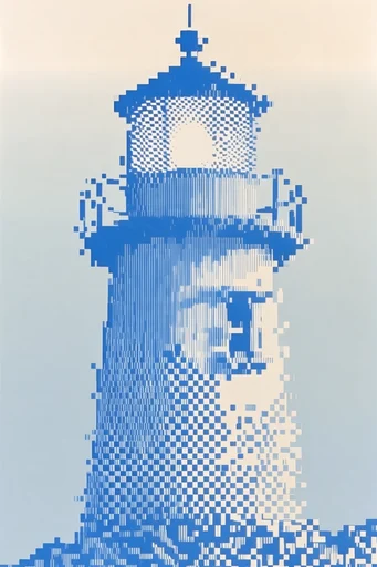 Digital Risograph Minimalism style reference image — vertical barcode scanlines