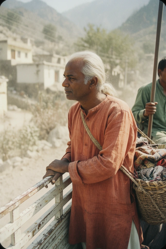 An older South Asian man with long white hair tied back rides on the back of an open-air truck through a dusty mountain village. The clean-shaven man wears a faded burnt-orange linen tunic and carries a woven basket of textiles strapped across his shoulder. He grips the weathered white metal railing of the vehicle with one hand, gazing thoughtfully out of frame to the left. Behind him, partially cropped, another passenger in a muted green shirt holds a vertical pole. The blurred background reveals sun-drenched, pale-colored mountain dwellings and sparse, dusty vegetation under bright daylight. The image features a vintage color film aesthetic with visible grain, muted earthy tones, and a shallow depth of field that sharply focuses on the man's contemplative expression while softly blurring the surroundings within a softly rounded frame.