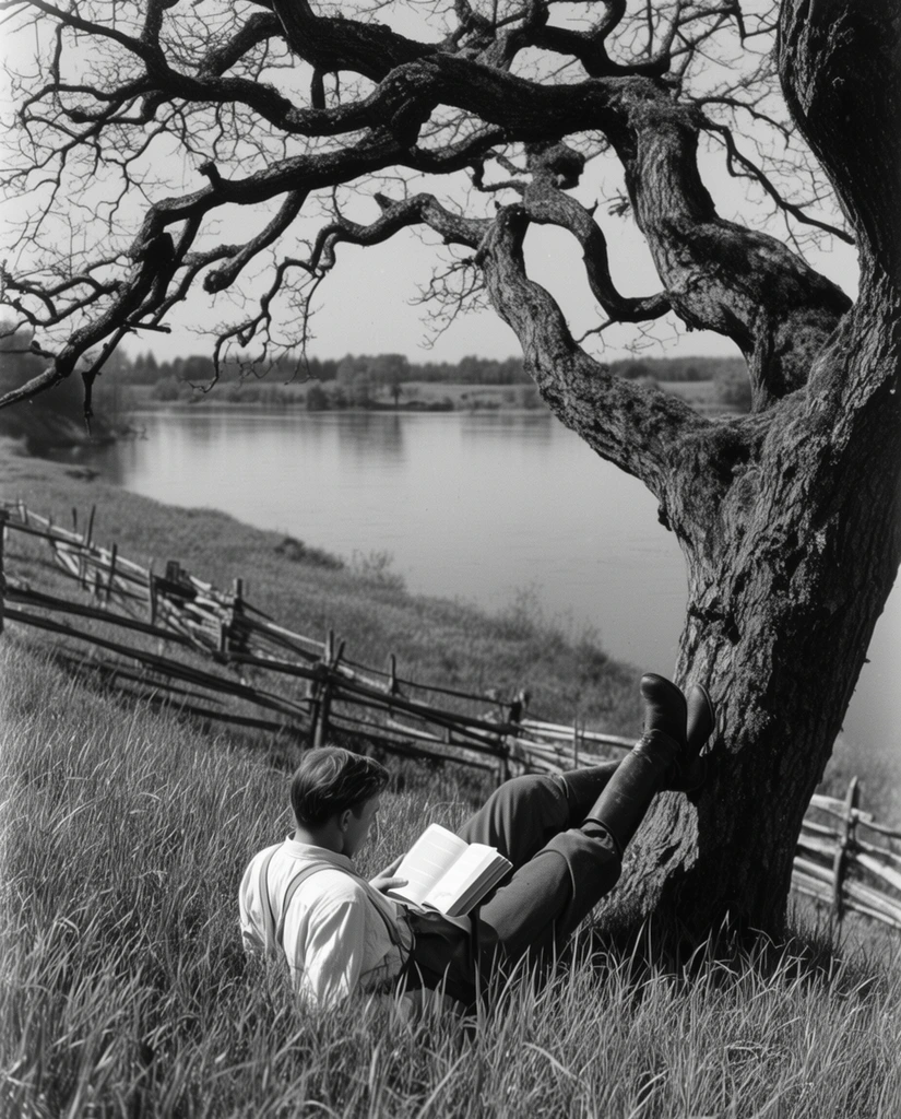 person reading an open book while lying in tall grass, legs propped against a massive gnarled tree trunk, wearing boots and suspenders, sprawling twisting branches overhead, rustic wooden fence winding along a grassy bank, calm wide river reflecting a pale sky, distant tree-lined shore, black and white photography, vintage film aesthetic, high contrast monochrome, natural daylight, serene pastoral landscape