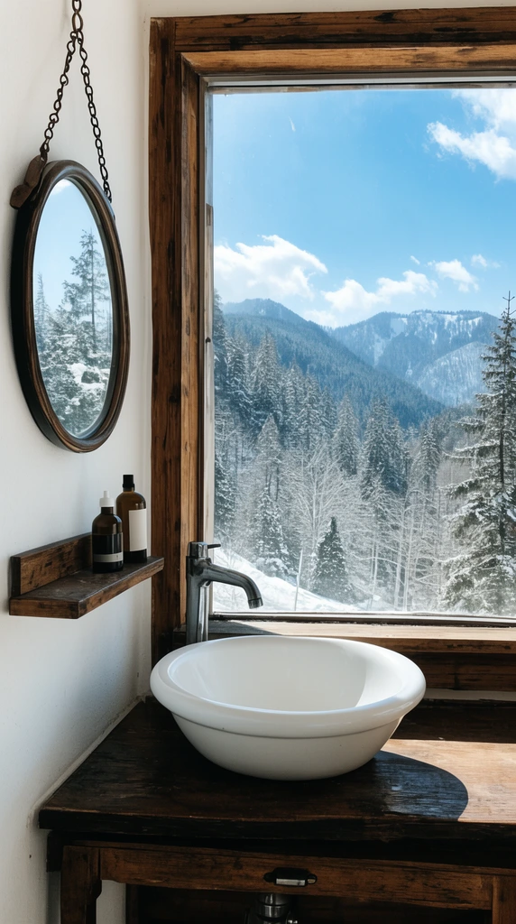 A white basin sink rests on a dark wood counter before a large window framing snowy forested mountains under a blue sky. An oval mirror hangs by a chain on the left white wall opposite a small wooden shelf with two bottles. Bright natural daylight illuminates the rustic interior photography.
