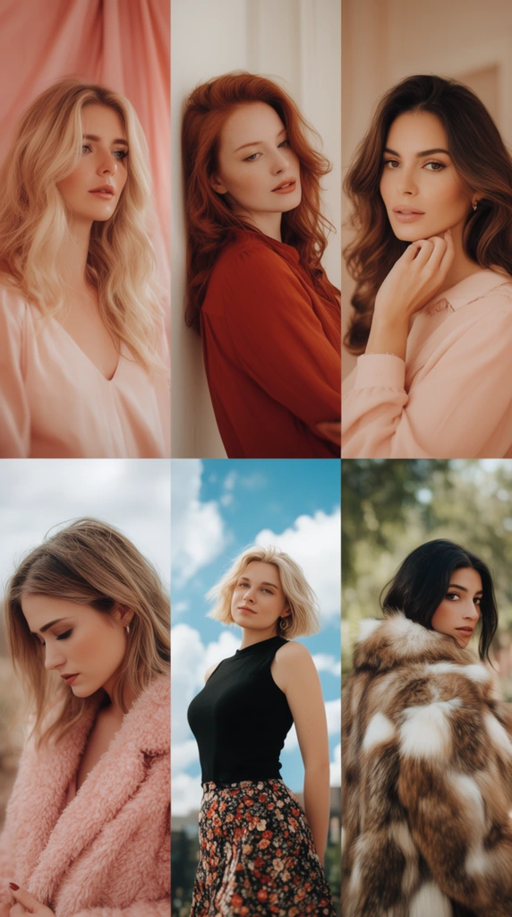A composite grid of six distinct fashion portraits of women, unified by a warm, peachy color grade and soft lighting. The top row features a blonde woman against draped pink fabric, an auburn-haired woman in a rust-red top leaning against a white wall, and a brunette woman gently touching her chin. The bottom row displays a woman in a fuzzy pink jacket looking downward, a short-haired blonde in a black top and floral skirt standing against a bright blue sky with white clouds, and a dark-haired woman looking over her shoulder wearing a voluminous brown and white fur coat. Each photograph utilizes a shallow depth of field, rendering the diverse indoor and outdoor backgrounds in a smooth bokeh.