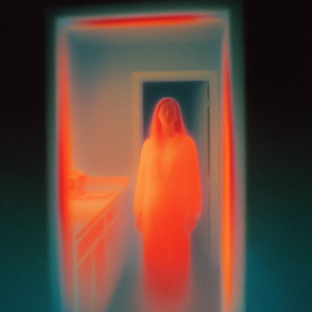 A woman stands in a hallway framed by a foreground doorway, rendered entirely in a heavily grained, soft-focus thermal imaging aesthetic. The woman forms the central focal point, her figure glowing with an intense, diffuse neon orange and red heat signature that bleeds smoothly into the surrounding space. To her left, a counter or table emits a fainter, warm orange radiance, its structural lines blurred and hazy. The foreground doorway acts as a structural framing aperture, its inner vertical edges flaring with bright, localized red and orange light bleed. Behind the woman, the hallway stretches toward a second doorway, fading into cooler color tones. The image is saturated with dense, coarse visual noise, mimicking high-ISO film grain. The darkest areas of the scene, including the outer edges of the frame and the deep background, consist of inky blacks and rich, dark teal gradients that provide stark contrast to the ethereal, blooming luminescence of the warm-colored elements.
