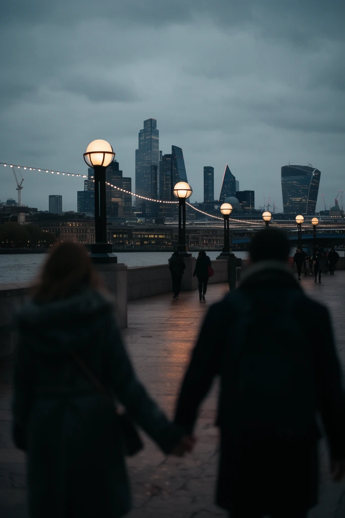 blurred figures walking away, couple holding hands, glowing spherical streetlights, wide river, distant modern city skyline at dusk, moody atmosphere, shallow depth of field
