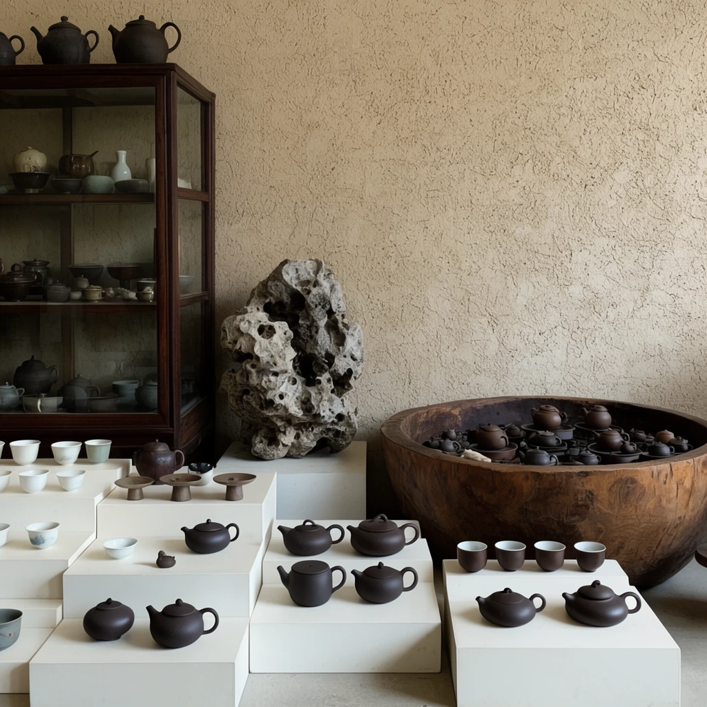 dark clay teapots and porcelain cups on white stepped plinths, dark wood glass display cabinet filled with ceramics, porous scholar's rock, large wooden basin of miniature teapots, textured beige wall, soft natural lighting, wabi-sabi aesthetic