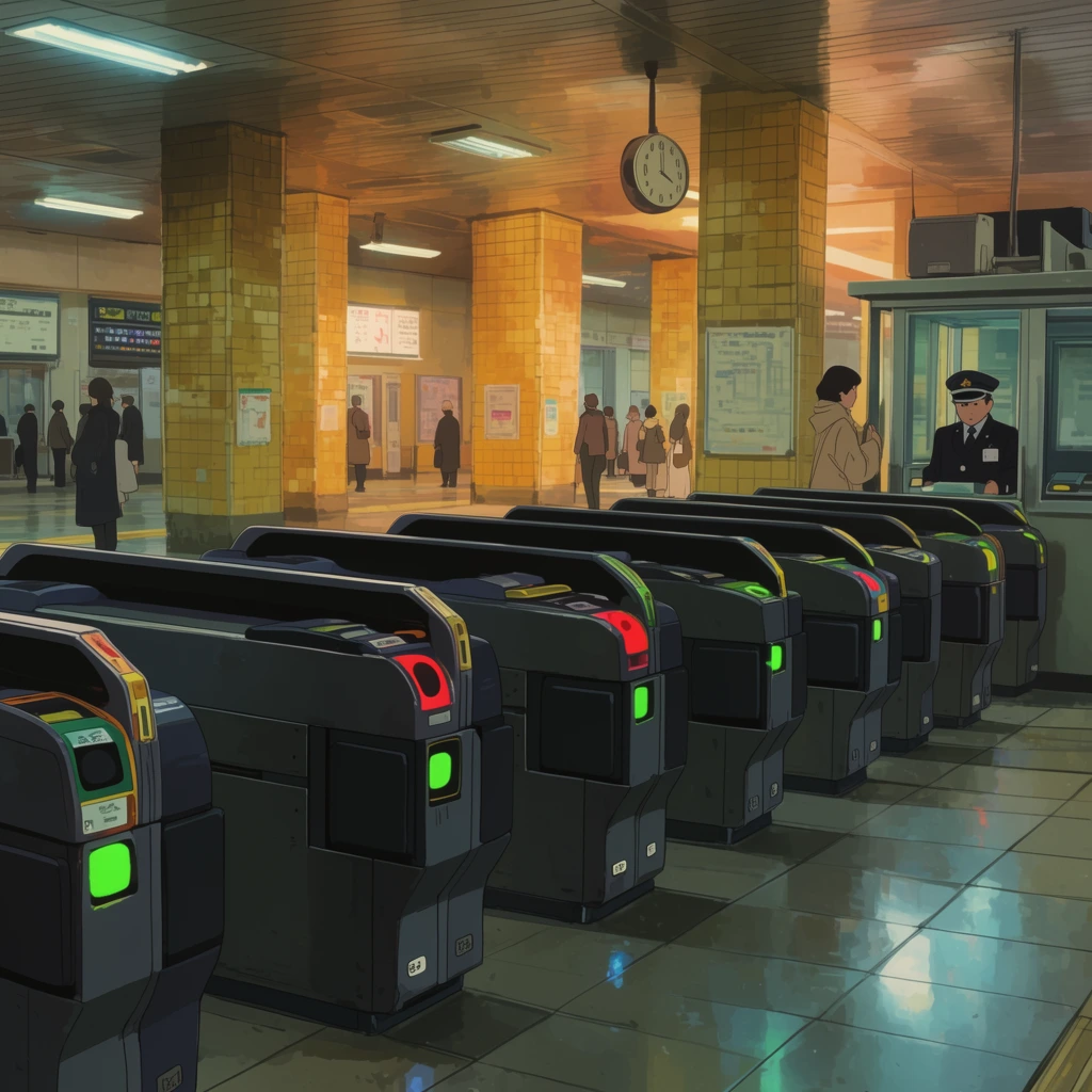 row of dark grey automated ticket gates with glowing green and red indicator lights, indoor train station concourse, polished tile floor reflecting overhead fluorescent lights, warm yellow tiled structural pillars, station attendant in dark uniform and peaked cap by a glass booth, figure in a beige coat nearby, distant pedestrians, hanging analog clock, 2D anime illustration, cinematic lighting, warm interior glow contrasting with cool blue shadows, highly detailed architectural background, eye-level perspective