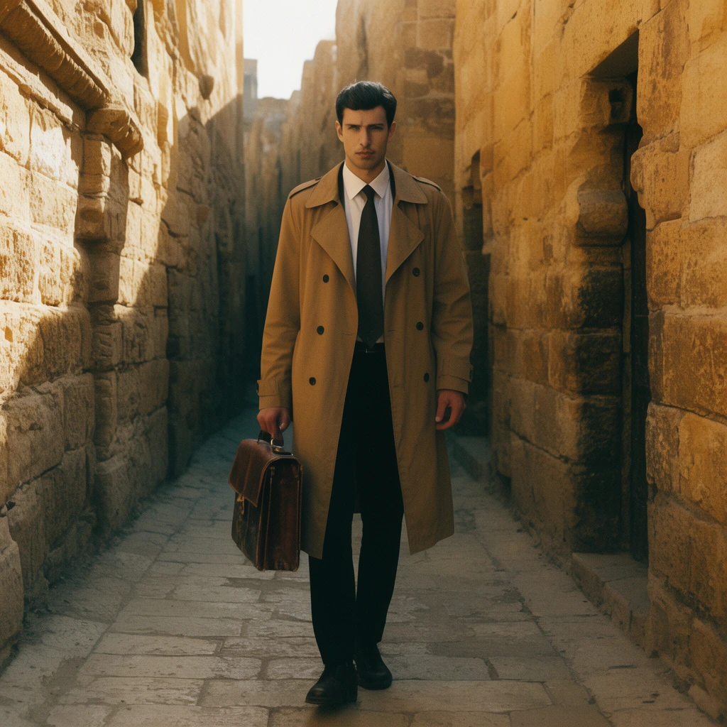 cinematic wide shot, tall man in a tan trench coat walking down a narrow alley, weathered ancient sandstone walls, vintage leather briefcase, warm golden sunlight, deep architectural shadows, textured stonework, 35mm film grain