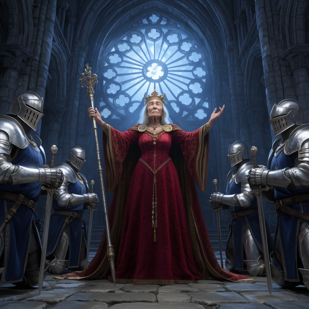 An elderly queen in a crimson gown stands centrally with arms raised, holding an ornate staff. She is flanked symmetrically by four towering knights in silver plate armor and blue tabards, kneeling with swords pointed down. They are inside a cavernous gothic cathedral built of dark gray stone, illuminated by cold blue moonlight streaming through a massive rose window behind the queen. The scene is rendered as a 3D high-fantasy illustration with dramatic rim lighting.