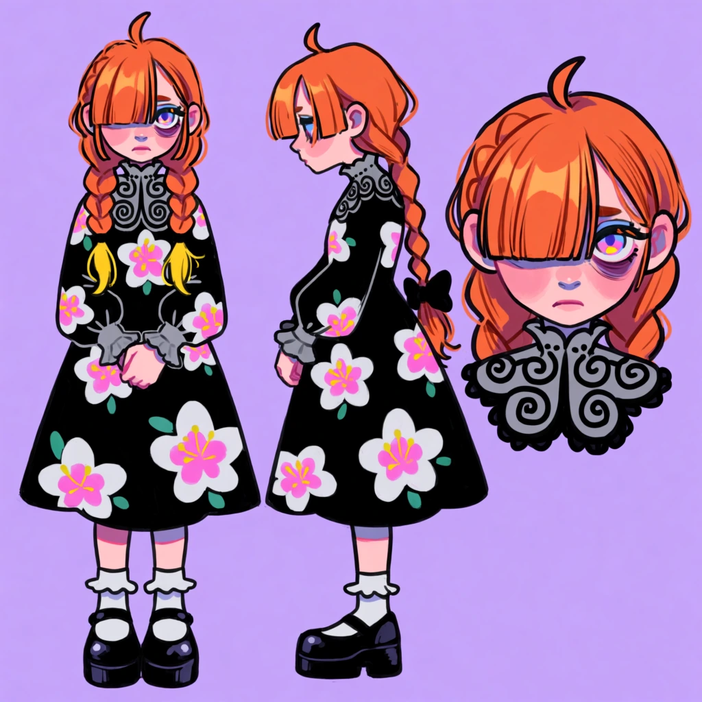 A character design sheet features a stylized young girl shown from the front, side, and back against a solid light purple background. The girl has long, vibrant orange hair with yellow highlights, a small cowlick on top, and two thick braids framing her face in the front view, while a single long braid tied with a black bow sits at the back. In the front and side views, her right eye is obscured by her bangs, while the visible eye is large with a multi-colored iris of pink and blue, set above prominent dark circles. She wears a knee-length black dress patterned with large, five-petaled white and pink flowers. The dress includes an ornate, high grey collar decorated with black swirl patterns and matching ruffled grey cuffs at the wrists. On her feet are white ruffled socks and chunky black platform Mary Jane shoes. In the front view, her hands are crossed over her abdomen, while in the side view, her hands are held together in front of her. The artistic style is a digital illustration with thick, bold black outlines, flat colors, and simple cel-shading, presented in a character reference format.