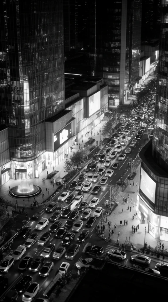 A high-angle, black-and-white night photograph captures a bustling metropolitan intersection gridlocked with heavy traffic between towering modern skyscrapers. Multiple lanes of vehicles form a dense river of glowing headlights flowing diagonally through the center. Flanking the avenue are massive commercial buildings featuring sheer glass facades, bright ground-floor display windows, and large illuminated architectural screens. Tiny silhouettes of pedestrians navigate the wide, brightly lit sidewalks, while a circular water fountain anchors a prominent building entrance on the left. The monochrome palette emphasizes dramatic high-contrast lighting, pitting the deep shadows of the high-rise structures against the radiant glow of urban artificial illumination. The steep downward perspective creates a dynamic, converging composition highlighting the energetic scale of the cityscape.