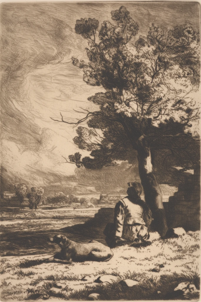 Monochrome Gothic Printmaking style AI image example 2