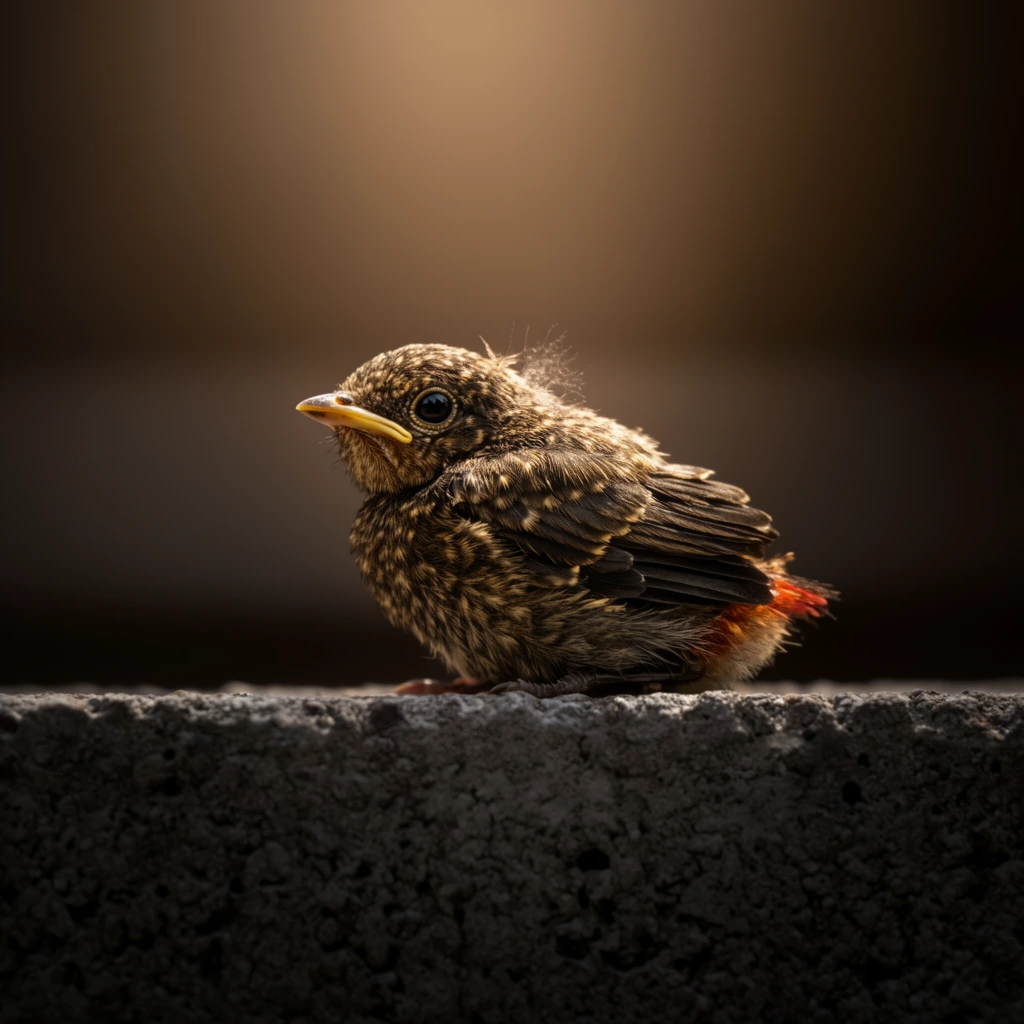 A fledgling bird with speckled brown plumage and a stubby yellow beak perches on a rough, dark grey concrete ledge. The small animal faces left, displaying a large dark eye, scruffy down feathers, and a touch of reddish-orange near its tail. Dramatic overhead lighting creates a bright rim light along the bird's back, emphasizing intricate feather textures and the porous stone below. The background is a smooth, heavily blurred gradient of warm sepia and dark brown tones. Shot with a macro lens, the atmospheric composition uses a very shallow depth of field to isolate the sharply focused subject against the moody, minimalist environment.