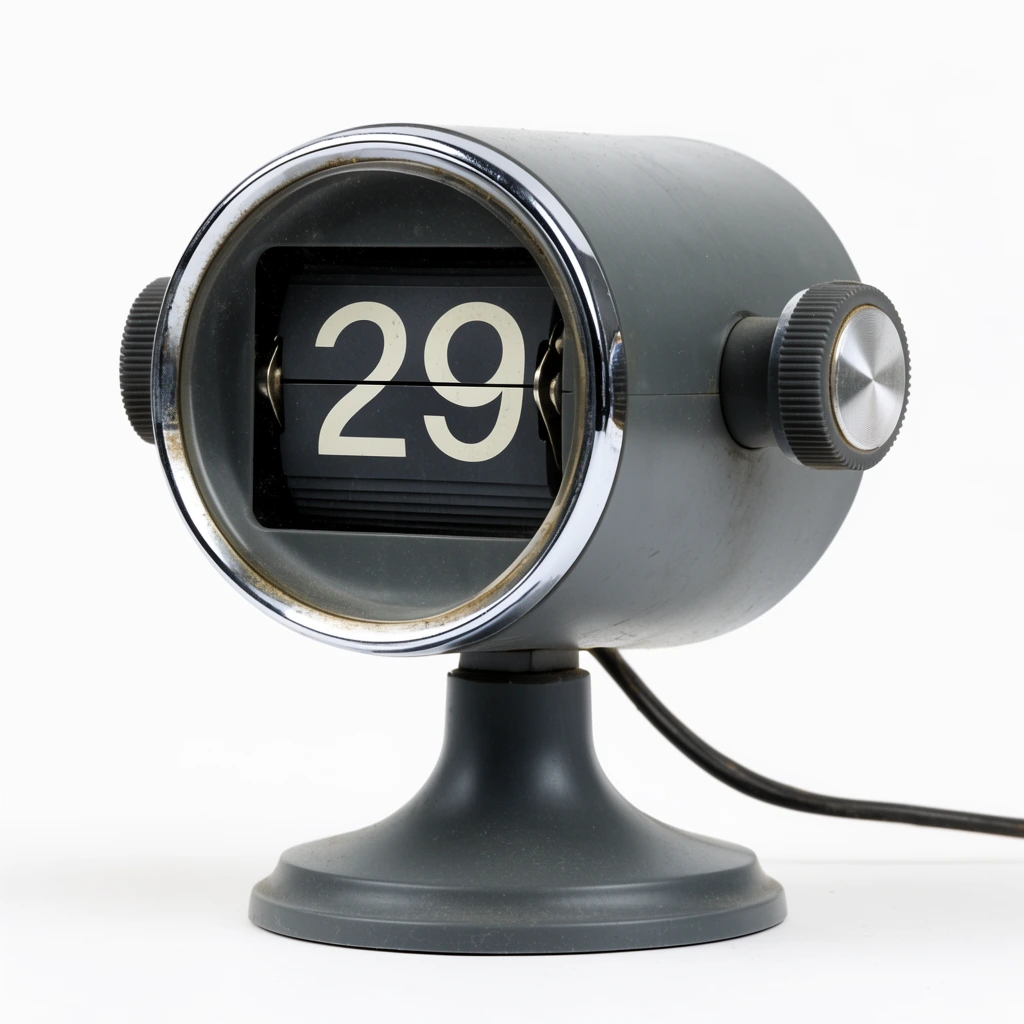 cylindrical vintage flip clock, matte dark grey plastic, chrome trim, mechanical flip display, side knobs, pedestal base, power cord, white studio background, retro product photography