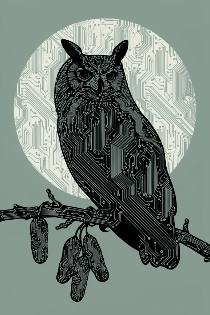 An owl perched on a branch with hanging pods, rendered as a stark black silhouette filled with an intricate network of pale mint printed circuit board traces. The electronic patterns consist of dense parallel lines, precise 45-degree angled turns, and small circular nodes at the terminal points, forming the feathers of the owl, the texture of the branch, and the shapes of the hanging pods. Behind the owl is a large, perfectly round graphic circle composed of dense pale mint and off-white circuit pathways, providing a high-contrast backing. The scene rests against a flat, muted sage green background. The composition is a 2D graphic vector illustration utilizing a strict tri-tone color palette of deep black, pale mint, and sage green. The aesthetic merges natural wildlife silhouettes with cybernetic technical drawings, characterized by crisp, flat geometric linework, sharp edges, and a meticulously structured technological motif.