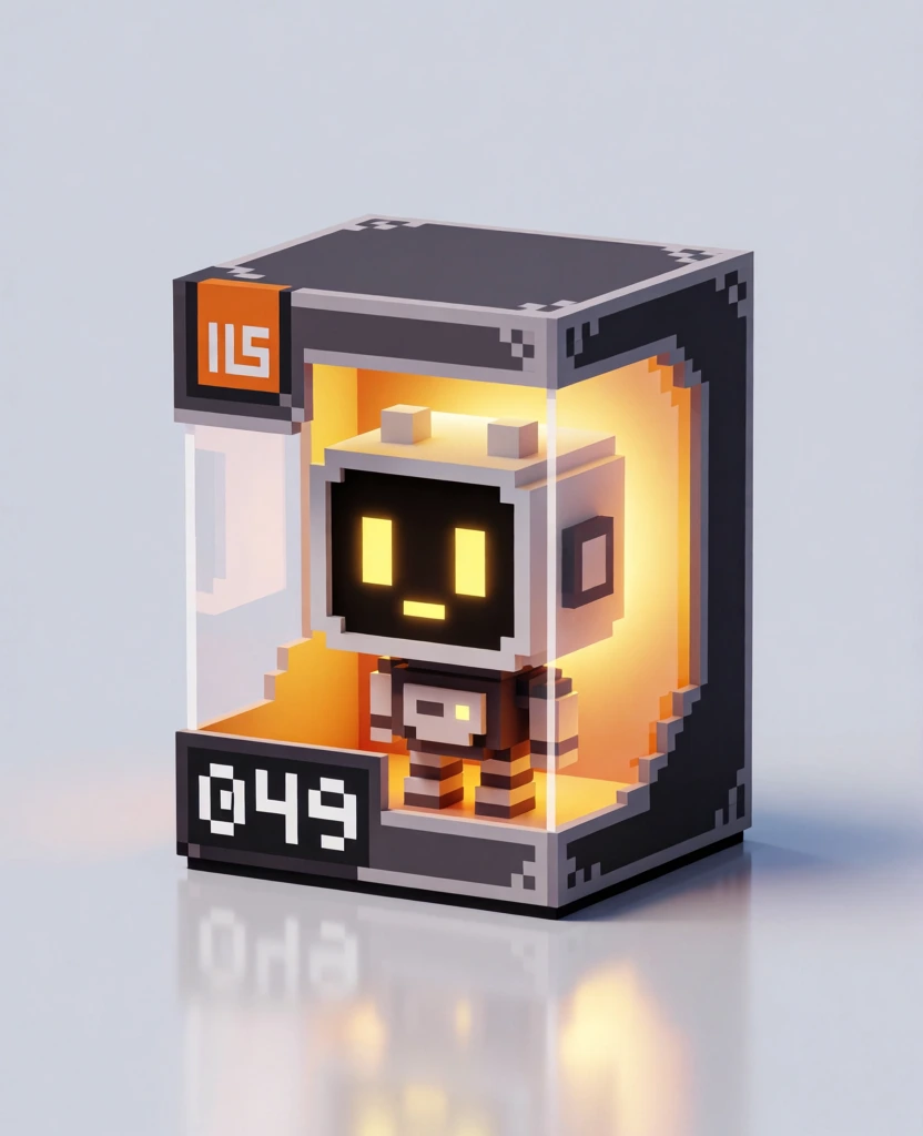 A voxel-style robot figurine with glowing yellow facial features stands encased within a stylized, rectangular collector's box. The robot has a large, cubic white head with two small square protrusions on top and a black screen for a face, featuring two vertical yellow rectangles for eyes and a small horizontal yellow bar for a mouth. Its body is composed of dark brown and white blocks, significantly smaller than its head, and it stands centered on the floor of the box. The packaging is primarily dark grey with light grey pixelated detailing along the edges and features a transparent front and side panel that reveals the robot inside. A warm orange glow emanates from the interior of the box, casting a bright light on the figure and a soft reflection on the surface below. On the top left corner of the front of the box, an orange square contains a white pixelated logo that resembles the letters "ILS". At the bottom left, the white pixelated number "049" is prominently displayed against a black section of the box's frame. The box is situated on a smooth, reflective, light grey surface that transitions into a seamless, pale grey background. The image is rendered in a 3D pixel art style with an isometric perspective, using clean studio lighting and a color palette dominated by neutral greys, black, and white, contrasted by vibrant yellow and orange light.